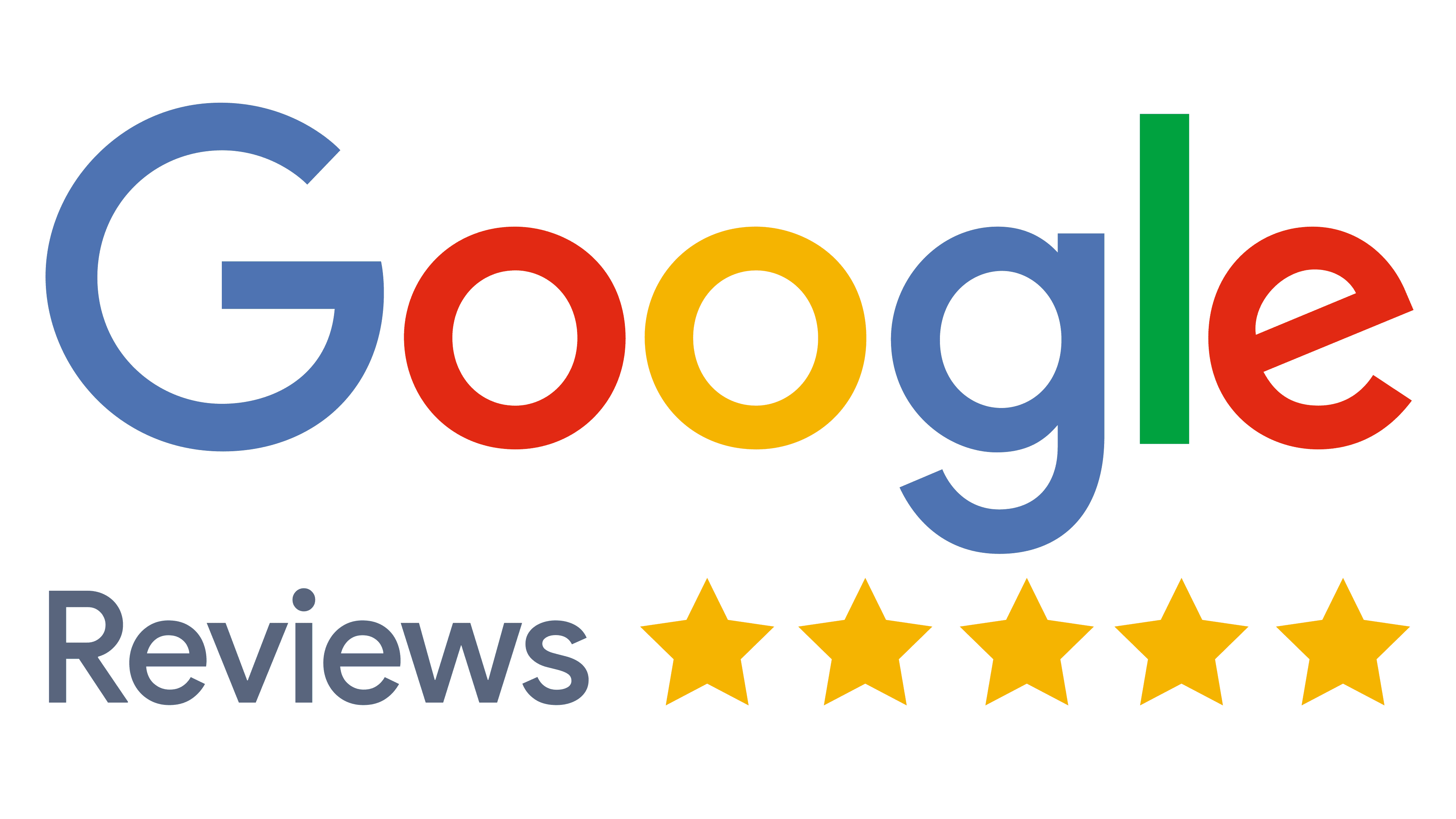 Google logo with the word Reviews below and five yellow stars indicating a top rating.