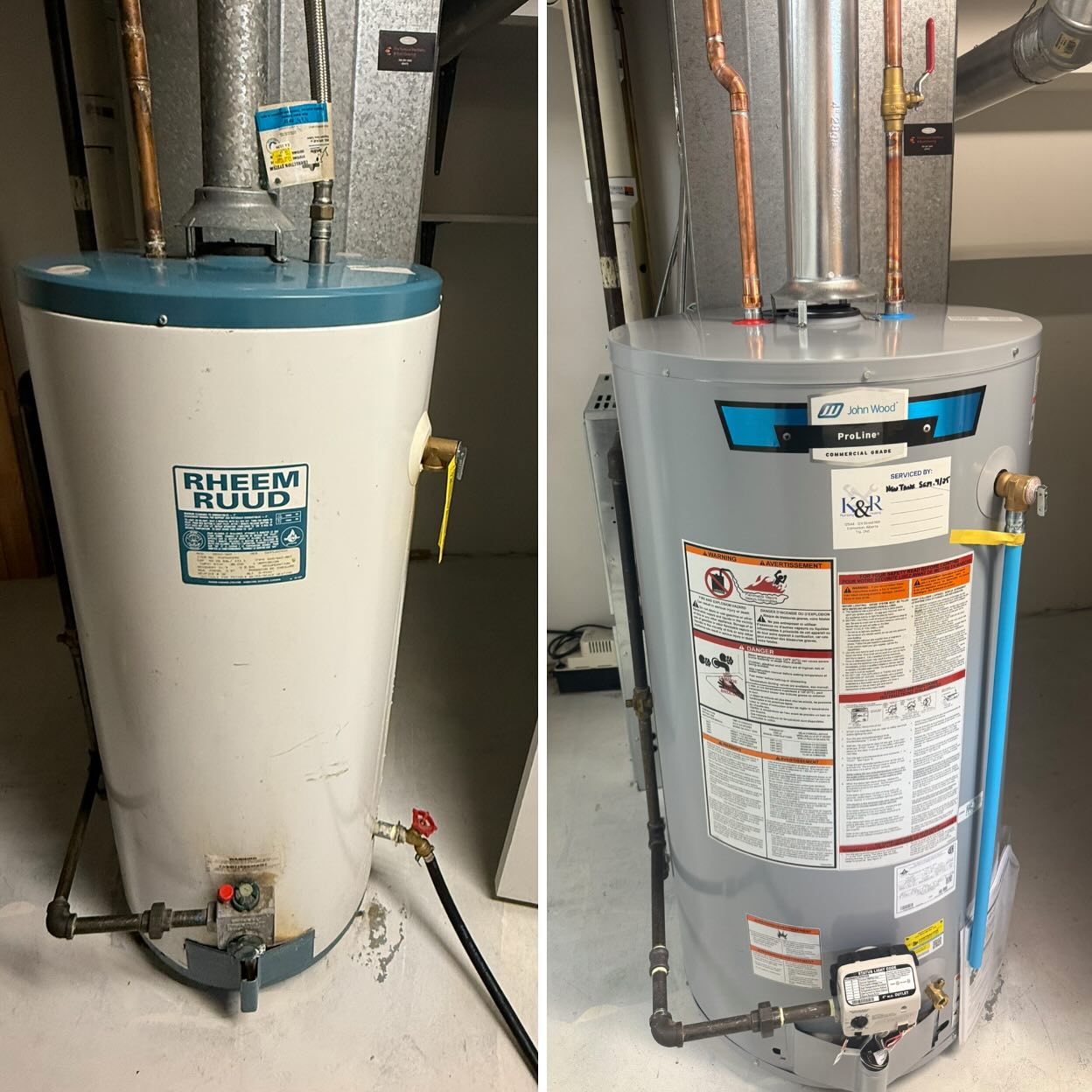 Side-by-side image of two water heaters, one older Rheem Ruud, one newer John Wood ProLine.