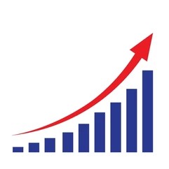 Bar chart with ascending blue bars and a red upward arrow indicating growth.
