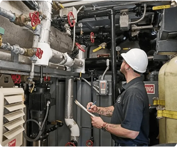 Tech wearing white hardhat looking at pipes in a maintenance inspection of a boiler room