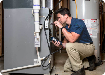 Plumber fixing a furnace and testing it with a diagnostic machine